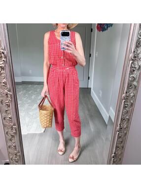 Vintage Lizwear Red Plaid Sleeveless Jumpsuit /  Cropped Size 4